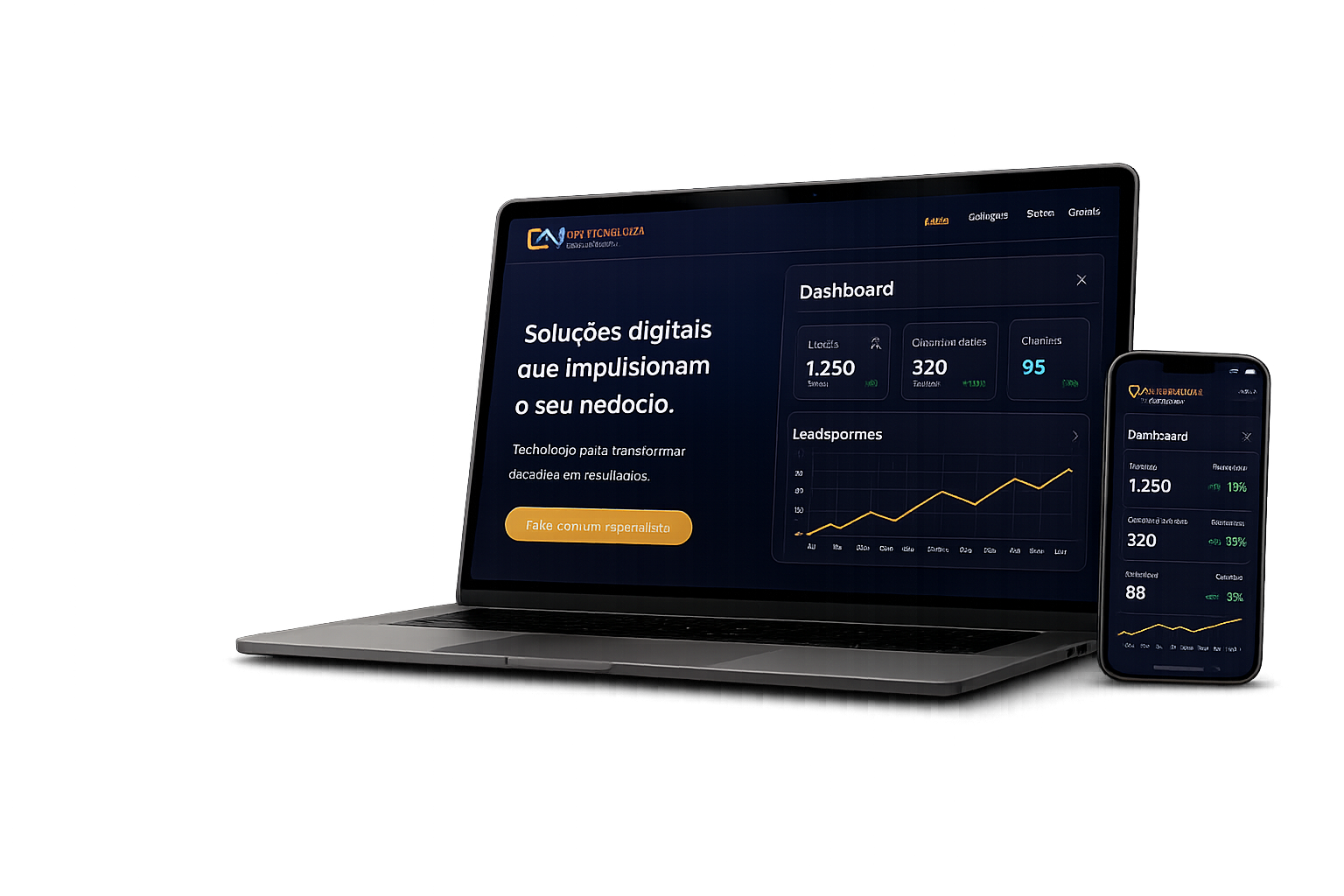 Notebook e celular com soluções digitais e dashboard da DW Tecnologia