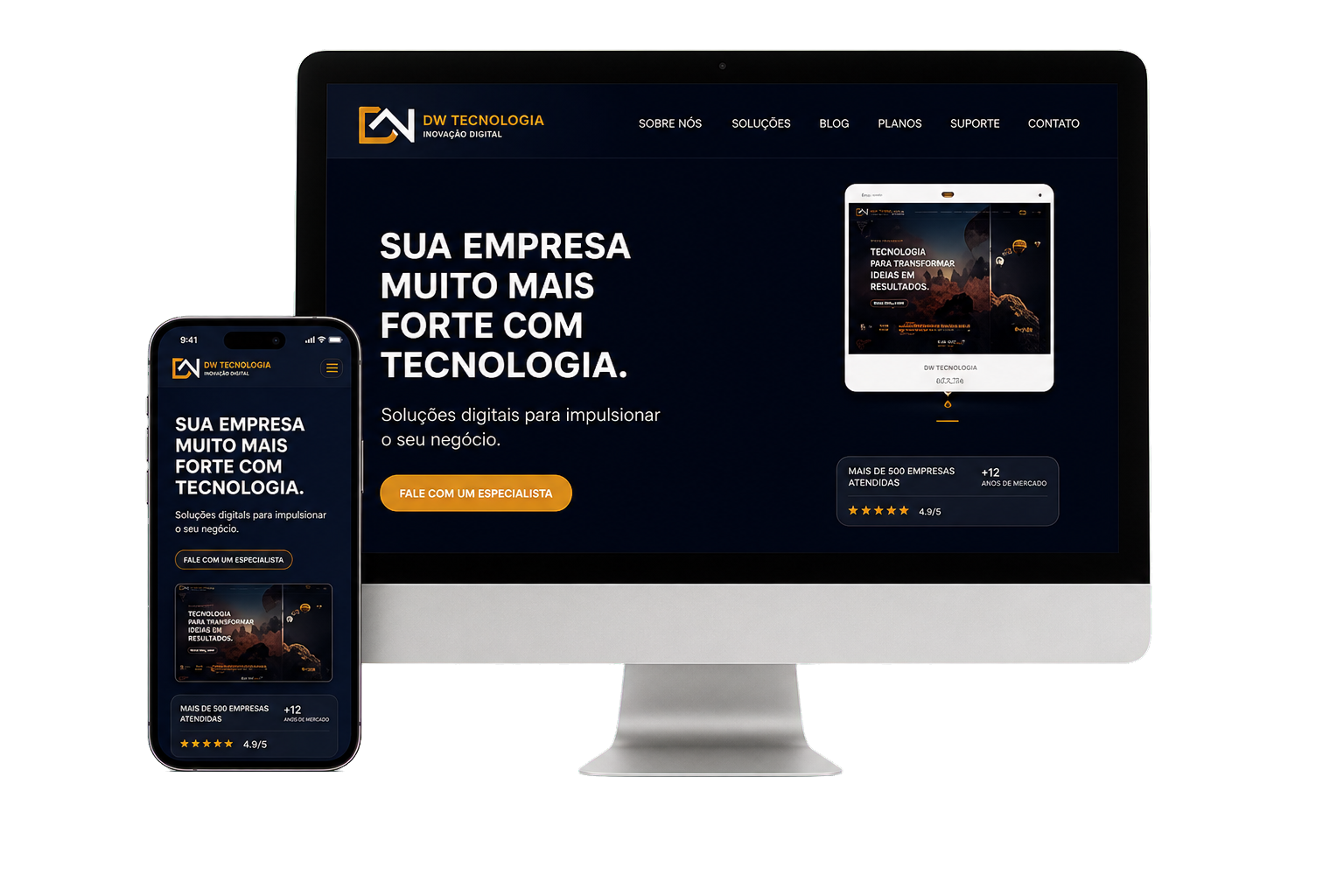 Site institucional da DW Tecnologia exibido em monitor e celular