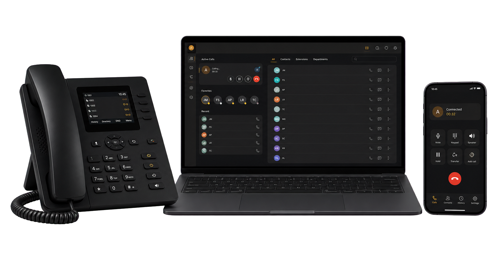 Telefone IP, notebook com painel de chamadas e smartphone com aplicativo VoIP